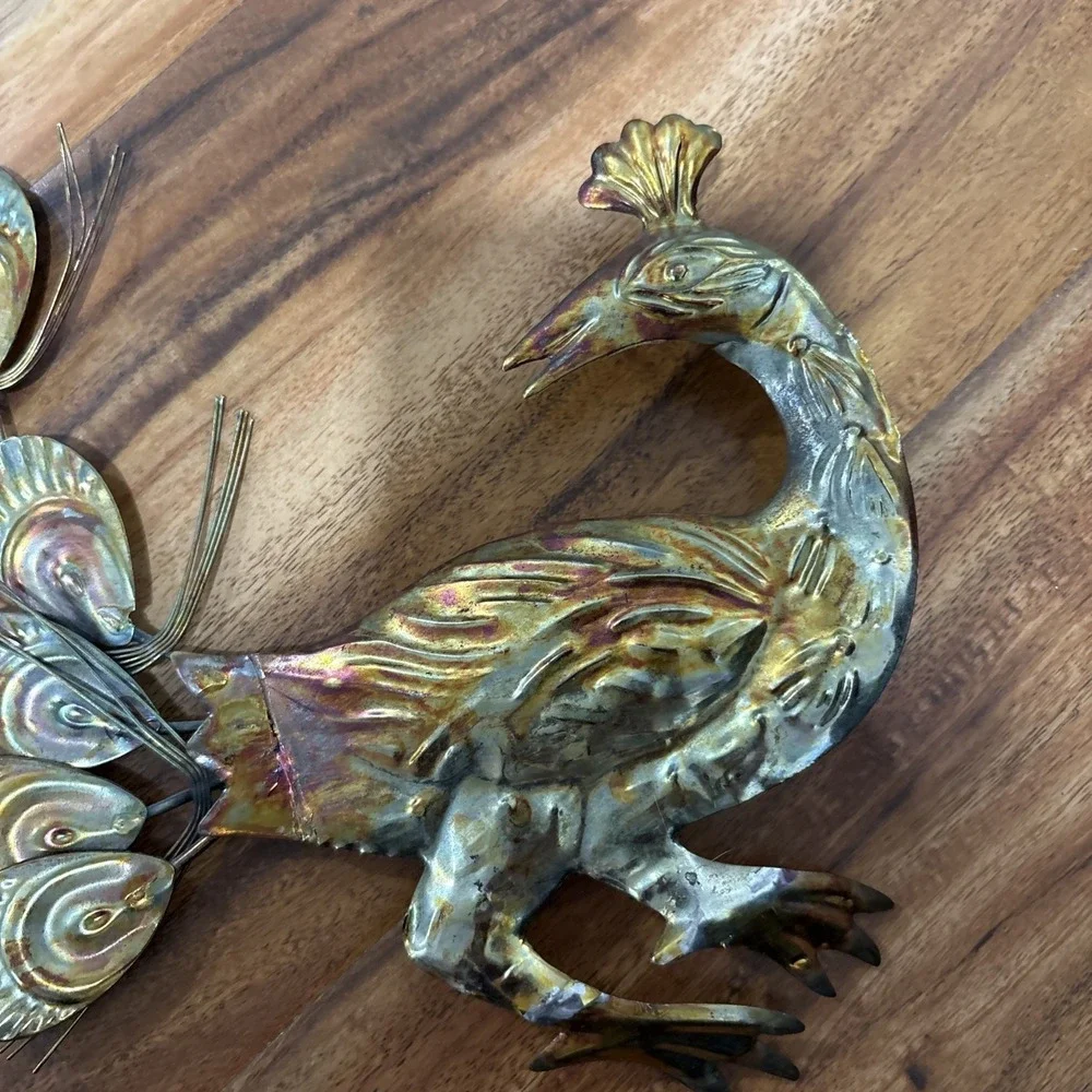 VTG Metal Tin Peacock Pair Wall Art Hanging-MCM-Metallic Tones-Hong Kong 18